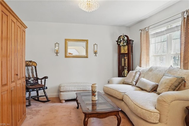 421 Richneck Rd, Newport News, VA 23608 - living room with light colored carpet, a notable chandelier, and baseboards