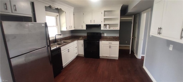 1116 Faubus Dr, Newport News, VA 23605 - kitchen with white cabinets, dark countertops, a sink, open shelves, and black appliances