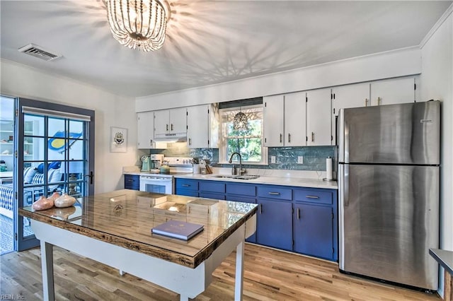 38 Callis Ln, Deltaville, VA 23043 - kitchen with a sink, freestanding refrigerator, white range with electric stovetop, under cabinet range hood, and visible vents