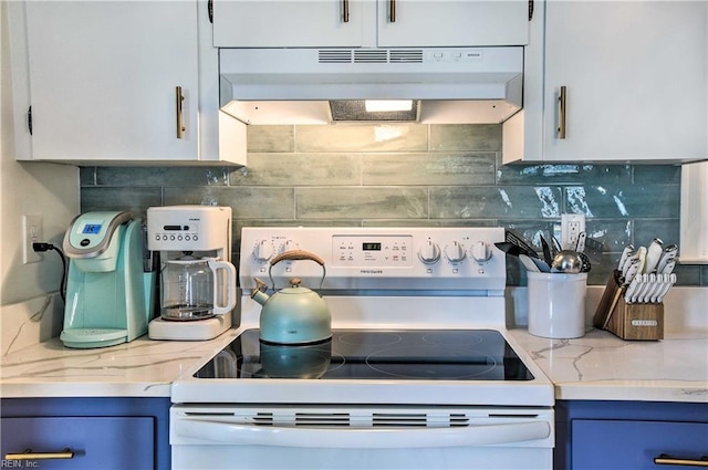 38 Callis Ln, Deltaville, VA 23043 - kitchen featuring electric stove, light stone countertops, under cabinet range hood, and decorative backsplash