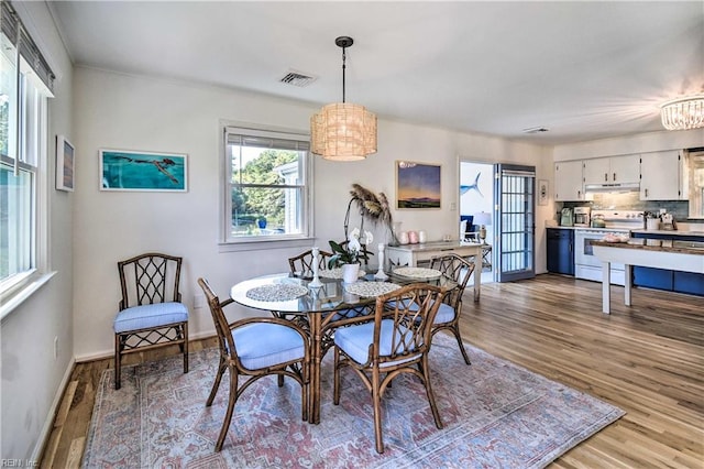 38 Callis Ln, Deltaville, VA 23043 - dining area featuring baseboards, visible vents, wood finished floors, and an inviting chandelier