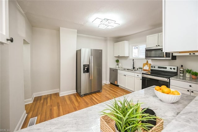 kitchen featuring a sink, white cabinetry, light wood-type flooring, stainless steel appliances, and baseboards