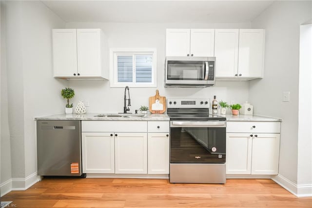 kitchen with baseboards, a sink, light wood-style floors, white cabinets, and appliances with stainless steel finishes