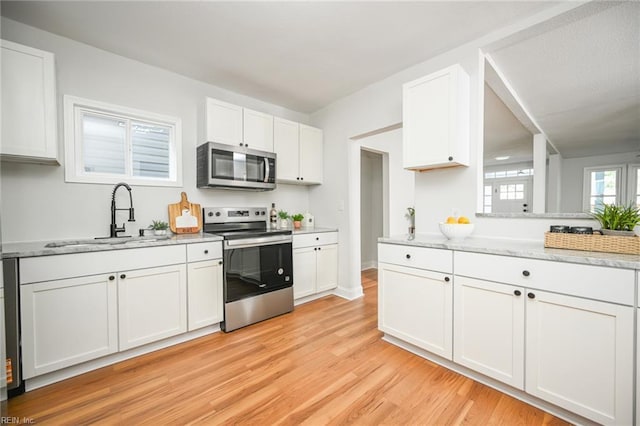 kitchen featuring white cabinets, a sink, appliances with stainless steel finishes, and light wood-style floors
