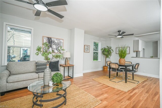 living room featuring a ceiling fan, baseboards, and light wood-style flooring