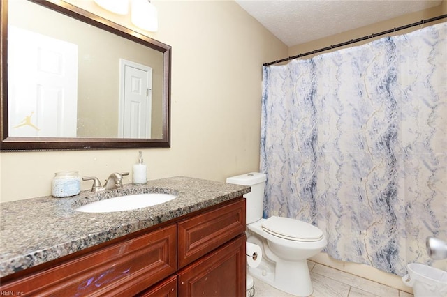 full bathroom with tile patterned floors, toilet, vanity, a shower with curtain, and a textured ceiling