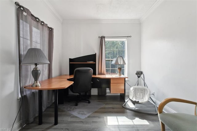 office with dark wood-style floors, crown molding, and baseboards