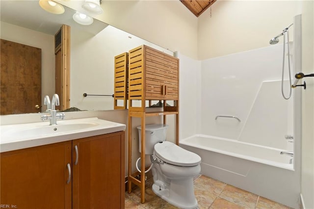 full bath featuring shower / bath combination, toilet, and vanity