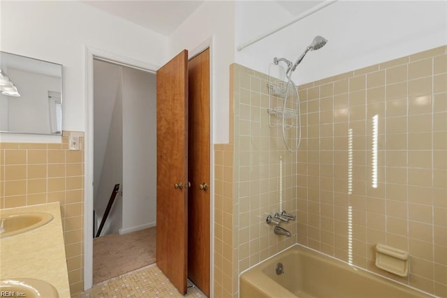 127 Freemoor Dr, Poquoson, VA 23662 - bathroom with tile walls, double vanity, bathtub / shower combination, tile patterned floors, and a sink