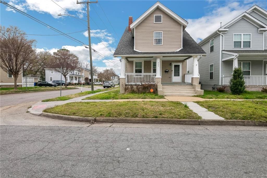 955 Marshall Ave, Norfolk, VA 23504 - bungalow-style home featuring a chimney, a front yard, a porch, and roof with shingles