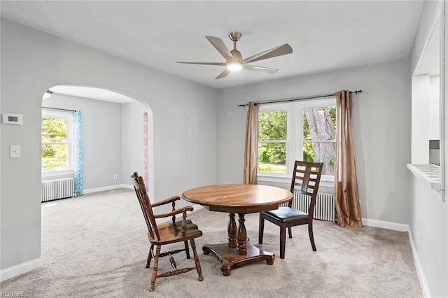 33 Mennonite Ln, Newport News, VA 23602 - dining room with light colored carpet, ceiling fan, arched walkways, and radiator heating unit