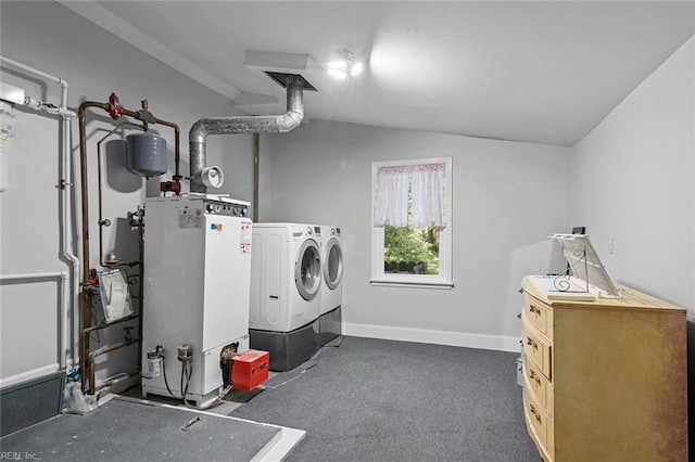 33 Mennonite Ln, Newport News, VA 23602 - laundry room with washing machine and clothes dryer, carpet flooring, baseboards, laundry area, and water heater