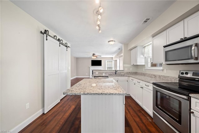 kitchen with a center island, dark wood-type flooring, a sink, a barn door, and appliances with stainless steel finishes