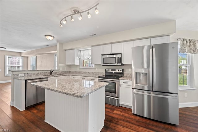 kitchen featuring dark wood-style flooring, a sink, a peninsula, and appliances with stainless steel finishes