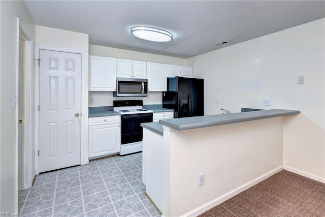kitchen featuring stainless steel microwave, white cabinets, range with electric cooktop, and black fridge with ice dispenser
