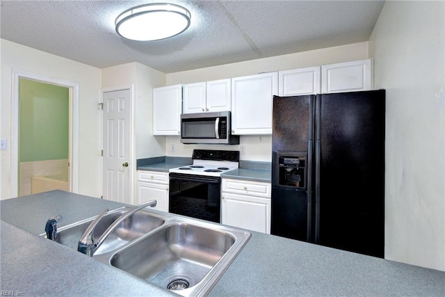 kitchen with white cabinets, black refrigerator with ice dispenser, range with electric cooktop, a sink, and stainless steel microwave