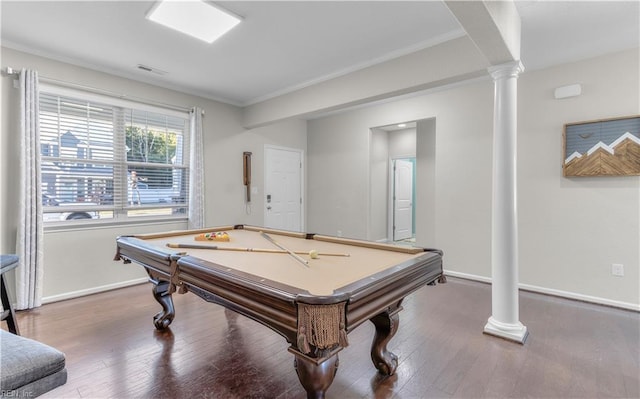 recreation room featuring crown molding, decorative columns, baseboards, billiards, and wood finished floors