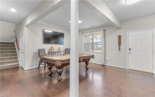 recreation room with baseboards, wood finished floors, and pool table