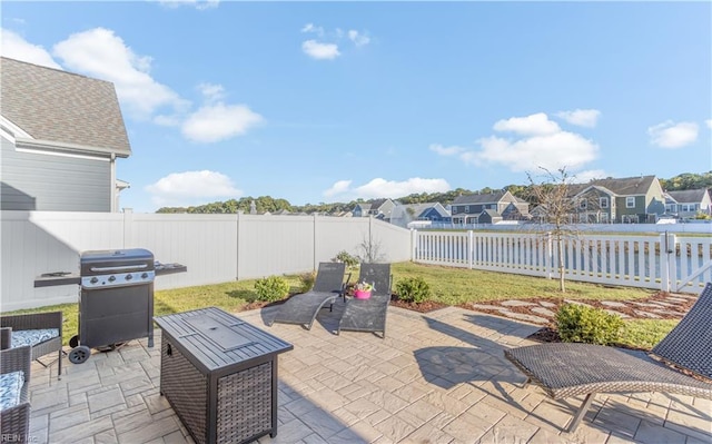 view of patio with a grill, a residential view, and a fenced backyard