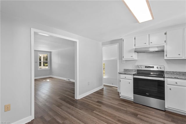 kitchen featuring white cabinetry, under cabinet range hood, baseboards, electric stove, and dark wood-style flooring