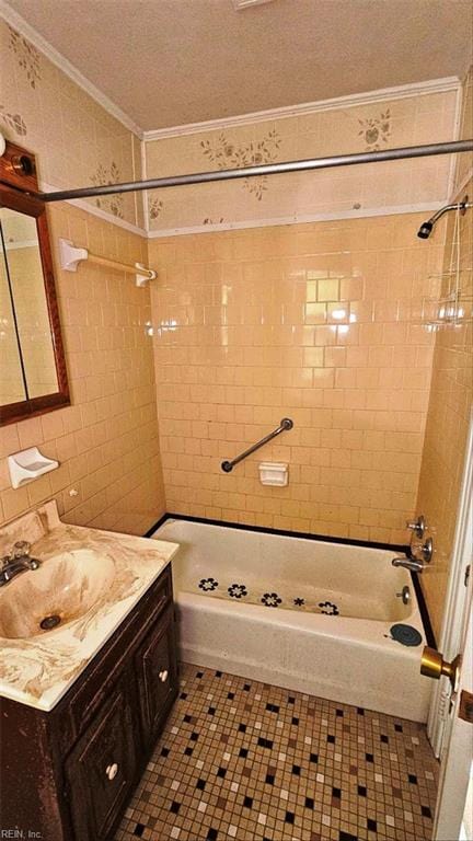 380 Hobson Ave, Hampton, VA 23661 - bathroom with tile patterned floors, vanity, a textured ceiling, ornamental molding, and shower / bath combination