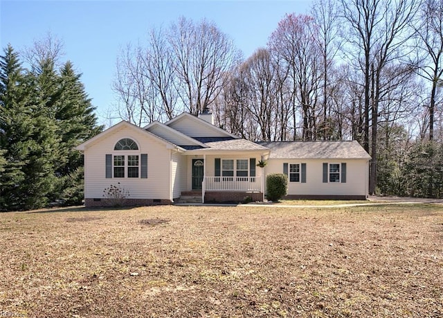 single story home with a porch, crawl space, and a front lawn