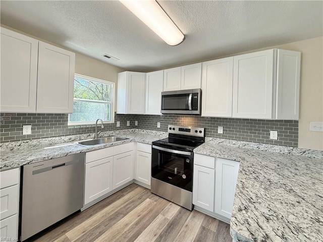 kitchen featuring light wood-type flooring, stainless steel appliances, backsplash, a sink, and white cabinets