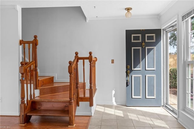 724 Oleander Cir, Virginia Beach, VA 23464 - entrance foyer with light tile patterned flooring, baseboards, stairway, and crown molding