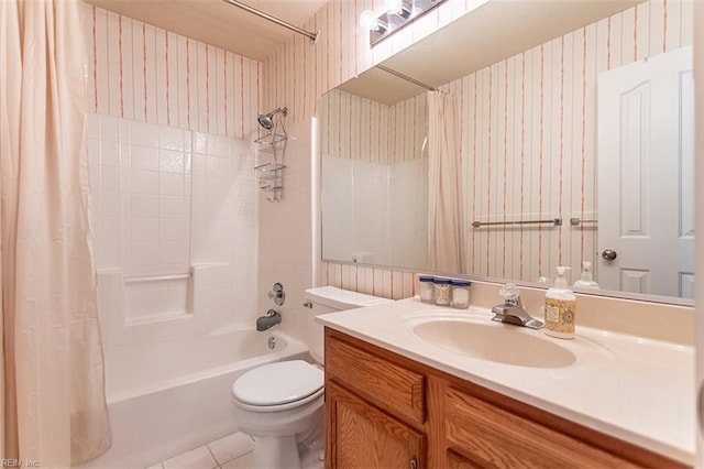 full bath with wallpapered walls, toilet, vanity, shower / tub combo with curtain, and tile patterned flooring
