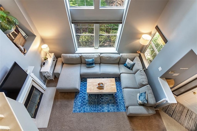 living room with carpet flooring and a premium fireplace