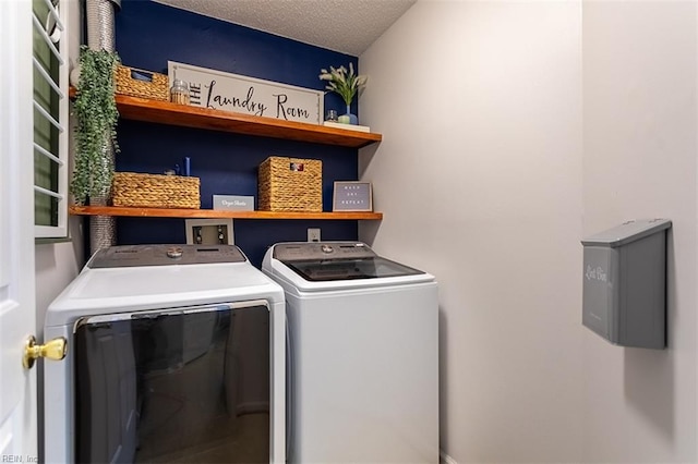 laundry area featuring independent washer and dryer, laundry area, and a textured ceiling