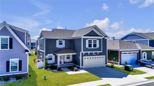 traditional home featuring driveway, a front yard, and a residential view