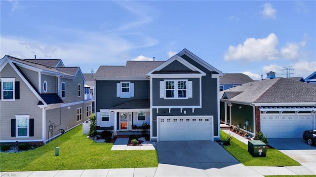 craftsman-style house featuring concrete driveway, a garage, and a front lawn