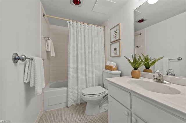 bathroom with tile patterned flooring, vanity, shower / tub combo with curtain, toilet, and baseboards