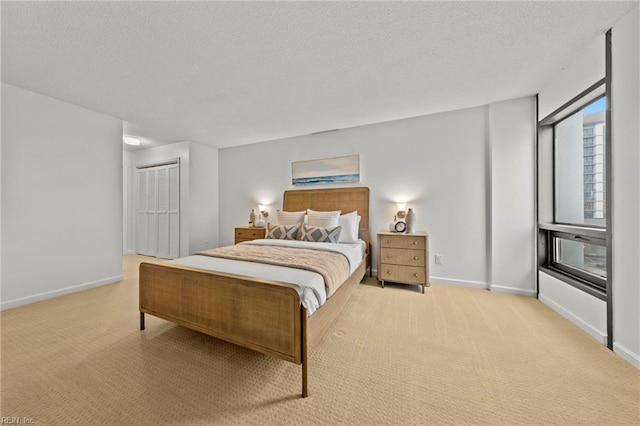 carpeted bedroom with a textured ceiling, baseboards, and a closet