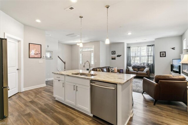 1012 Chartwell Dr, Newport News, VA 23608 - kitchen featuring open floor plan, dark wood-type flooring, a sink, visible vents, and appliances with stainless steel finishes