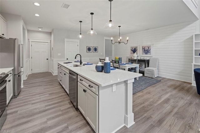 kitchen with visible vents, light wood finished floors, a kitchen island with sink, appliances with stainless steel finishes, and a sink