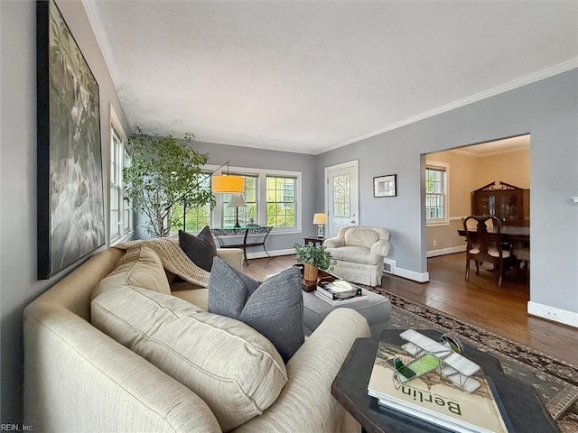 living room featuring plenty of natural light, baseboards, and wood finished floors