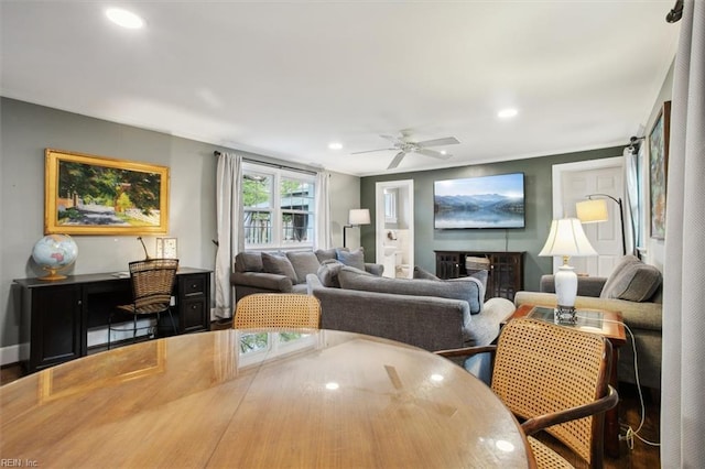 dining space featuring ceiling fan, recessed lighting, and ornamental molding