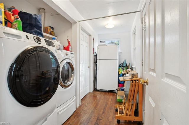 laundry area with washer and clothes dryer, laundry area, and wood finished floors