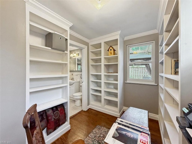 walk in closet with dark wood-style floors