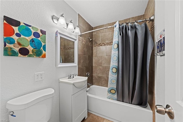 full bathroom featuring tile patterned flooring, toilet, shower / bathtub combination with curtain, and vanity