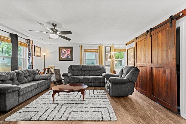 living area with a wealth of natural light, a barn door, a ceiling fan, and wood finished floors