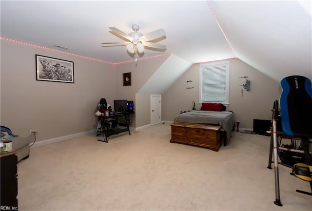 bedroom with vaulted ceiling, carpet, baseboards, ceiling fan, and visible vents