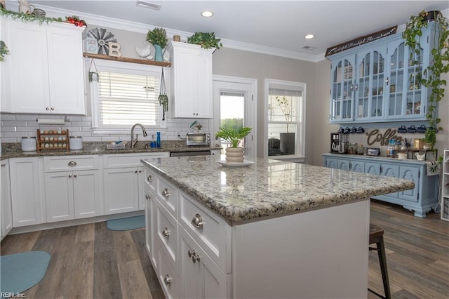 kitchen with a kitchen island, a sink, dark wood-type flooring, and crown molding