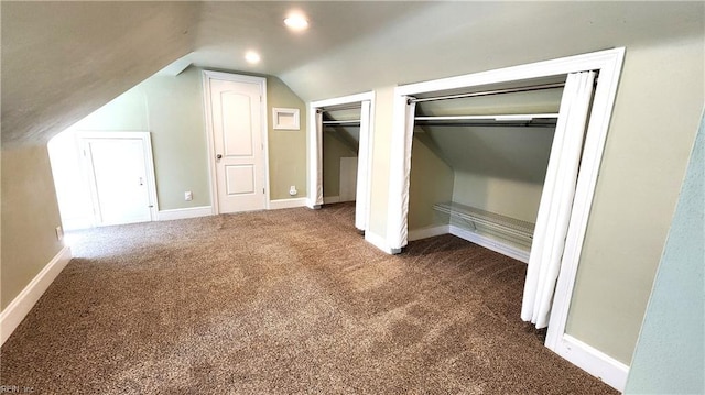 bonus room featuring baseboards, dark carpet, vaulted ceiling, and recessed lighting