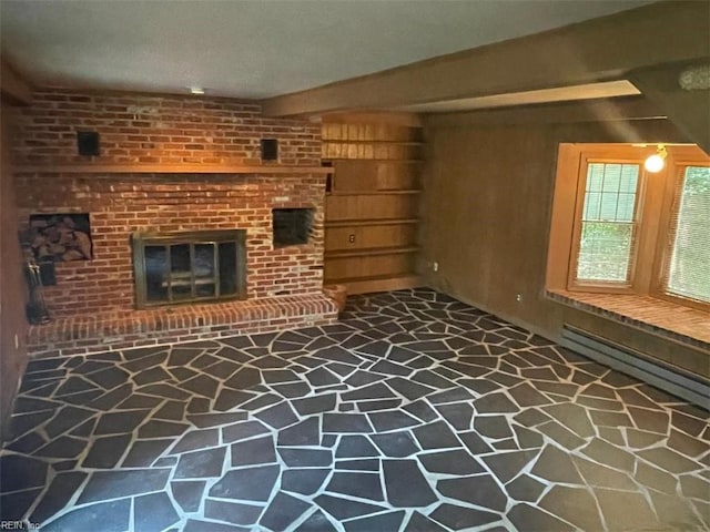 418 Pin Oak Rd, Newport News, VA 23601 - unfurnished living room featuring a brick fireplace, baseboard heating, beamed ceiling, and wooden walls