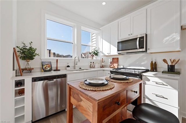 kitchen with light countertops, white cabinets, a sink, and stainless steel appliances