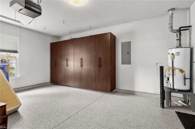 garage with water heater, a garage door opener, and electric panel