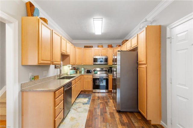 kitchen featuring light countertops, crown molding, stainless steel appliances, a sink, and light brown cabinets
